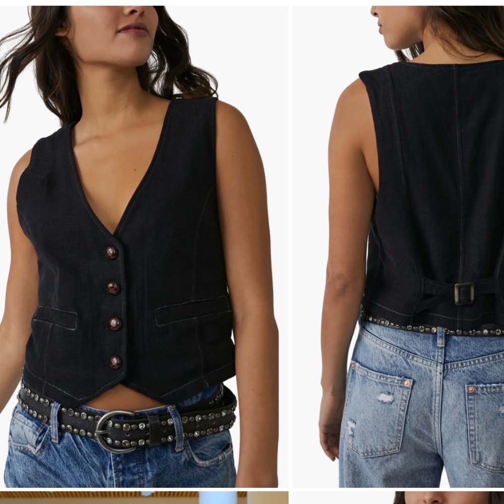 Free People We The Free Charley Crop Vest Black Linen Blend NWT Button Front S